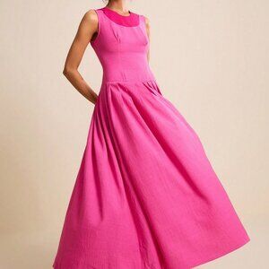 Pink Elegant Women's Color Block Round Neck Sleeveless Fit & Flare Dress